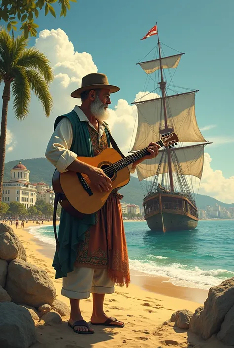 
make the writer Camões, BRAZILIAN SINGER Vinicius de Morais playing the guitar , construction ship the lusiads, ipanema beach, and the city of lisbon together