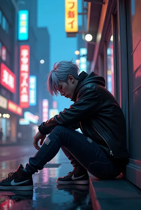 Best Quality,Adult male, Kpop wind, anime, Silver Hair, Depressed in a corner of the city, The clothes are street style,