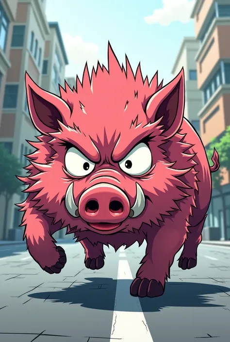 Line stamp specifications、anime、Here is a wild boar with big cute eyes、He&#39;s angry and ready to come charging in.、Illustrations expressing anger、The background is the road、The wild boars in the city have pink fur