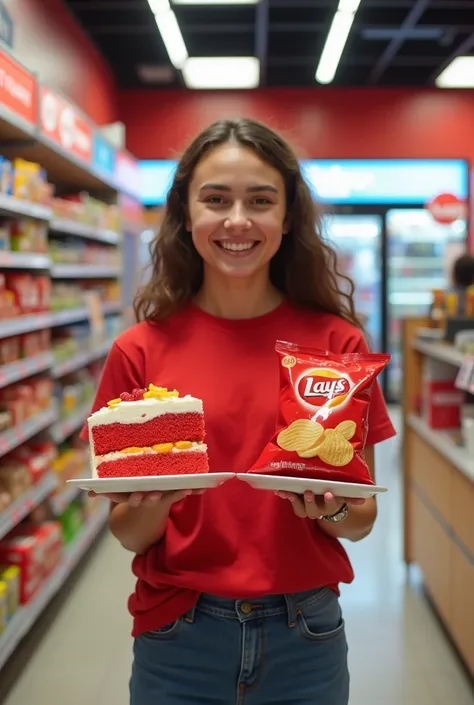 Make a person holding red cake and red chips in convenience Store for YouTube thumbnail 
