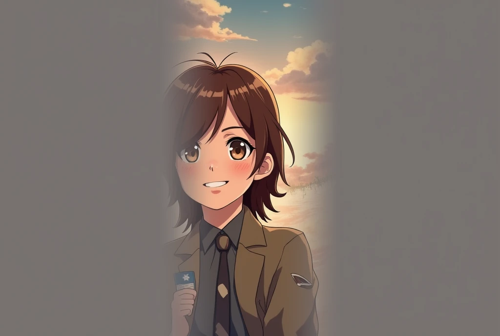 american style propaganda poster, far and near method, smile, Brown Hair, Going off the screen, Anime Style, 