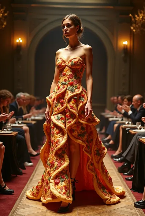 ultra-realistic, 8K, dress made entirely of real pizza, food texture, intricate details, fashion show catwalk, attendees, celebrated restaurant chefs, ornate plates, opulent lighting, haute couture inspiration, food stylist props, lifelike model pose, Vogu...