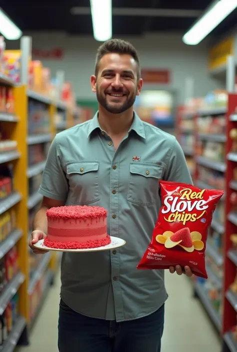 Make a manholding red cake and red chips in convenience Store in ratio of 16.9
