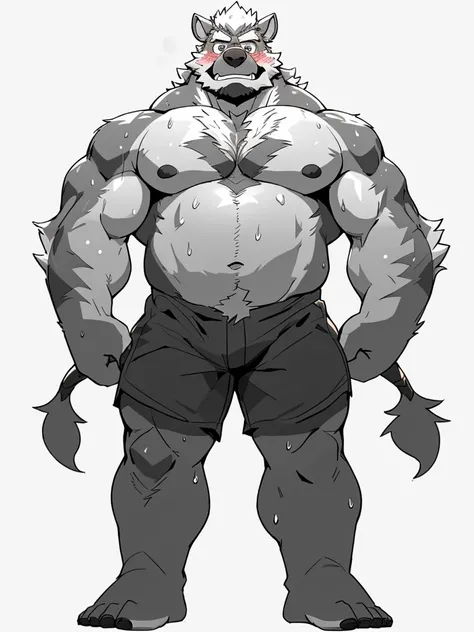 （dark place）， solo， looking at viewert， summer， ssmile，Muscle men，sbeard，Middle Age，quality，extremy detailed,((shirtless)),(Same character,front),(detailed),big pecs,boar,sweat,oily,((grayscale)),((1man)),(blush),(no color), ((((fullbody)))), zoom out, fat...