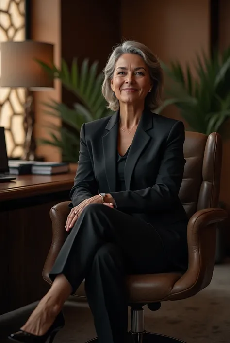 a mature woman in a business suit crossing her legs, shiny high heels, office setting, elegant, confident, powerful, professional, skilled, detailed face and hands, cinematic lighting, 8k, photorealistic, chiaroscuro, dramatic shadows, warm tones