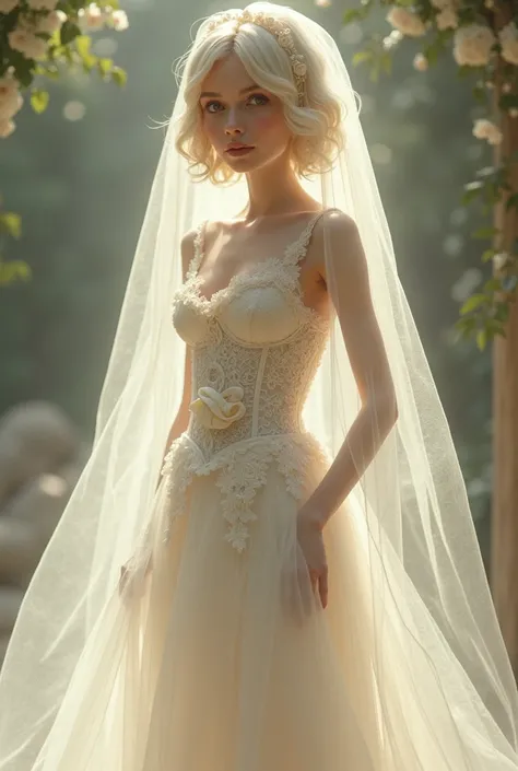 girl,
skinny legs, skinny arms, narrow waist,
narrow waist,
skinny,
skinny straight legs,
lush short wedding dress with long sleeves, lace corset, bra, wedding veil, bow
stands straight, straight legs,
blonde bob