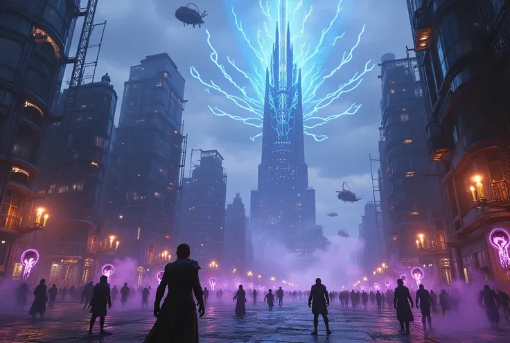 An arcanepunk city at dusk, with a mix of futuristic technology and ancient magic. The buildings are tall and twisted, with towers of glass and shiny metal, connected by floating bridges and magical energy pipes that glow with a purple glow. on the streets...