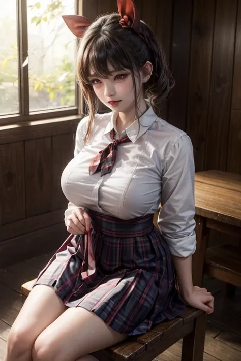 (in the dark:1.6) , big breasts , big tits , thai school girl , long skirt dark red , long plaid skirt , pleated skirt , red knot , red bow 