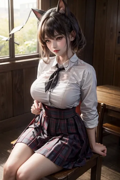 (in the dark:1.6) , big breasts , big tits , thai school girl , long skirt dark red , long plaid skirt , pleated skirt , red knot , red bow 