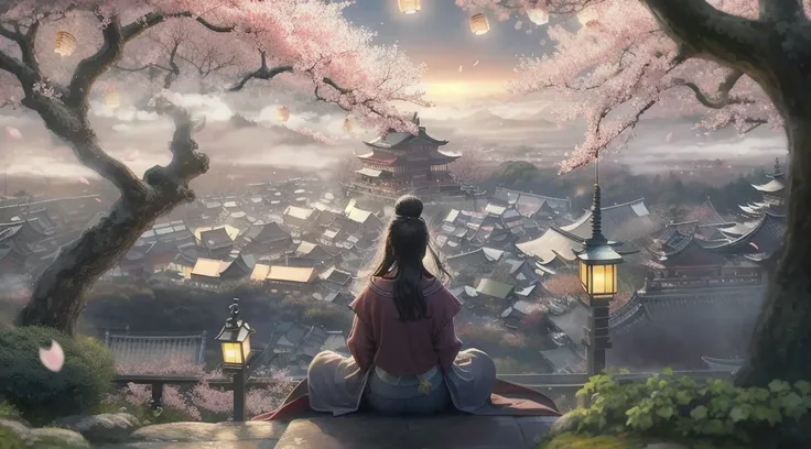 Beautiful Japanese girl with a beautiful figure of sidia in the sky, on both sides two sakura, petals flying in the air, Two beautiful Japanese lanterns on both sides of the girl, The girl looks at the Japanese city from a birds eye view, temples, cozy hou...