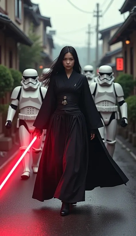 {Best Quality},{masterpiece},{8k},{Realistic:1.2},{Dark Lord of the Sith},{Red glowing lightsaber},{beautiful girl},Black Hair,Sith Outfit,Covering the whole body,Moving towards the enemy,Many Stormtroopers,Japan,Residential Street