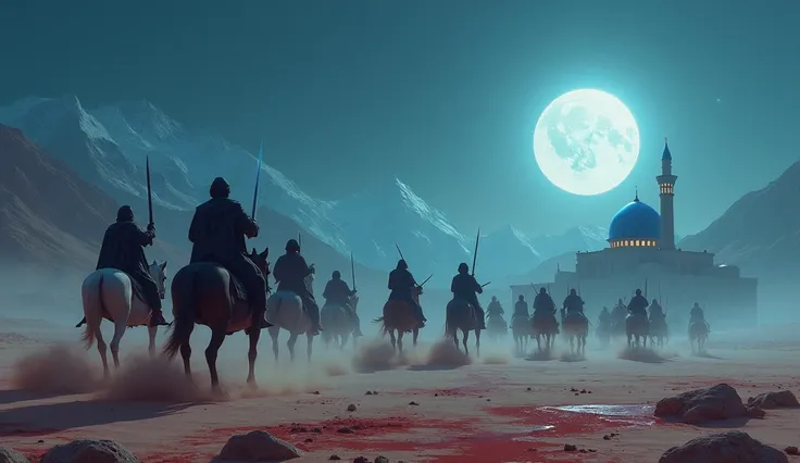 Moonlit desert.   The moon is beautiful in the sky.   Next to the desert will be a mosque with a blue dome.   In the moonlight, high mountains can be seen from a distance. In the desert, some Muslim warriors are running on horseback with swords raised in t...