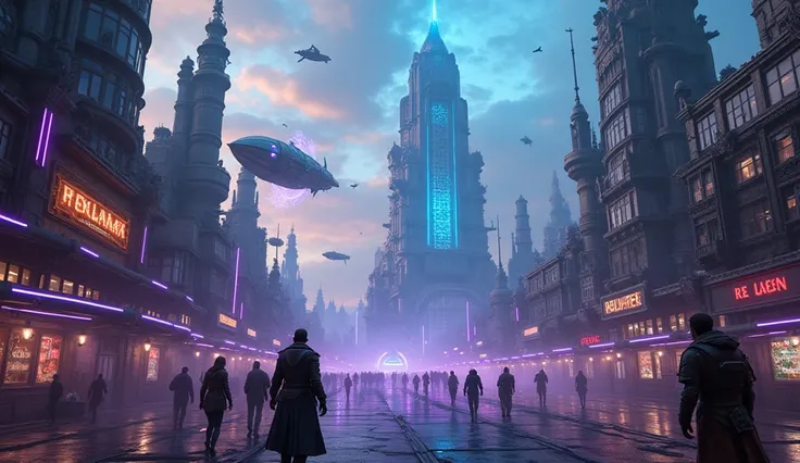 An arcanepunk city at dusk, with a mix of futuristic technology and ancient magic. The buildings are tall and twisted, with towers of glass and shiny metal, connected by floating bridges and magical energy pipes that glow with a purple glow. on the streets...