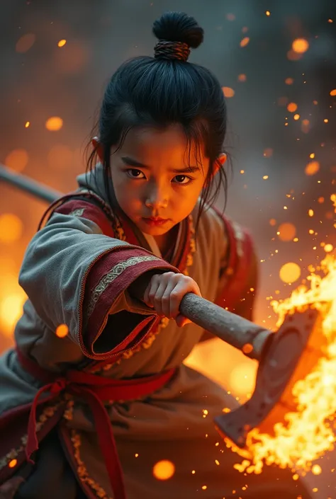 Boy, korean, holding flaming axe

