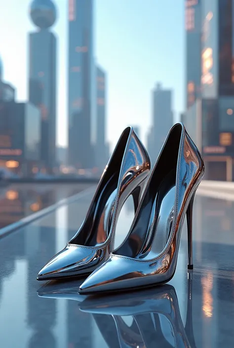 Futuristic high heels, Metallic design, Futuristic City, Reflective Glass