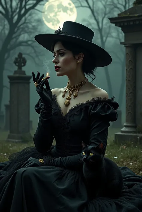 19th century woman, with black dress and hat, Dark lipstick, golden jewelry, in the middle of a cemetery, the night is dark with a full moon, cigarette in hand and black cat on lap, with an evil countenance