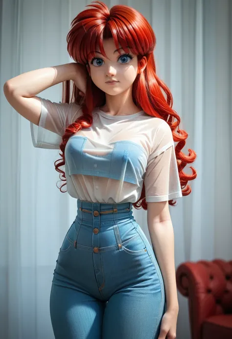 (ranma chan) (ranma saotome)(1solo)(1girl)((Solo)) ((Masterpiece)) ((High Quality)) (slim thick)((Perfect Face)) ((Wide Hips)) ((Narrow Waist)) ((Beautiful)) ((Redhead)) ((Long Hair)) ((Light Skin)) ((Cute Nose)) ((BLue Eyes)) ((Young)) ((Transparent Tee S...