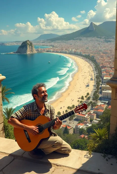 
make THE REAL IMAGE of the writer Camões, BRAZILIAN SINGER Vinicius de Morais playing the guitar , construction ship the lusiads, ipanema beach, and the city of lisbon SEPARATED BY TIME