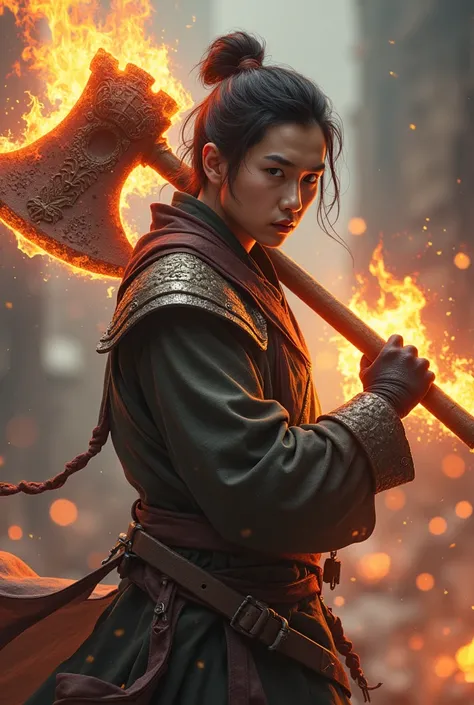 Young adult, korean, holding flaming axe

