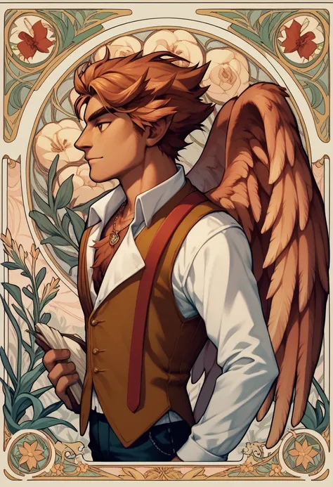 masterpiece, art nouveau, 1boy, herneval, feathered, wings, vest, upper body, side view