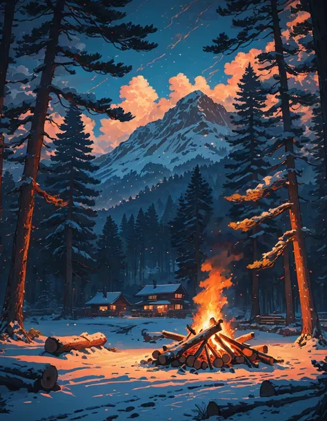 front view, view, a cozy winter late evening, logs burning bonfire, logs, giant pine trees, snow patches, fire sparks, vast open evening sky, ambient fire light, silence, dark, shadow, clouds, night time, dim warm light, vibrant tones, no one, moody weathe...