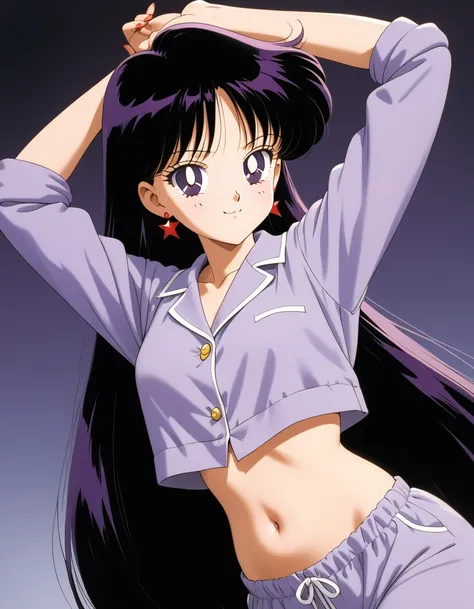 aamars, very long hair, black hair, parted bangs, purple eyes, 1990s \(style\), 1 girl, solo, best quality, masterpiece, high de...