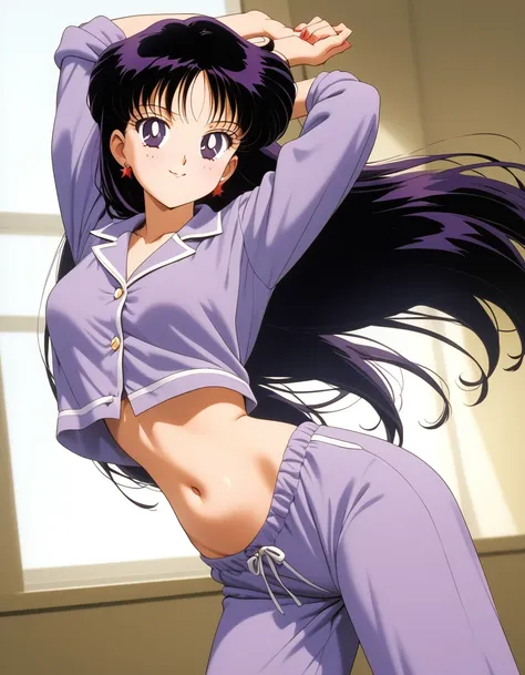 aamars, very long hair, black hair, parted bangs, purple eyes, 1990s (style), 1 girl, solo, Best quality, masterpiece, High Definition, Purple Pajamas, Midriff, Belly Button, Smile, Stretching, Both Arms Up