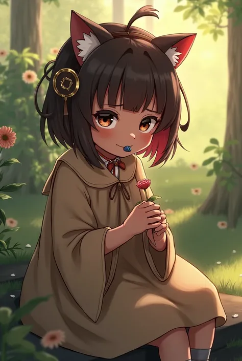 work of art, 1 boy, brand, blunt bangs, shoulder length hair, brown hair with red streak, brown dress,black skin, cat collar, wide sleeves, x hair ornament, clamp in the mouth, hair ribbon, school clothes with skirt, _White_get out sitting on the bench, ga...