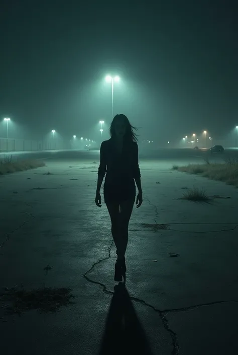 A woman walking to an old parking lot at night.