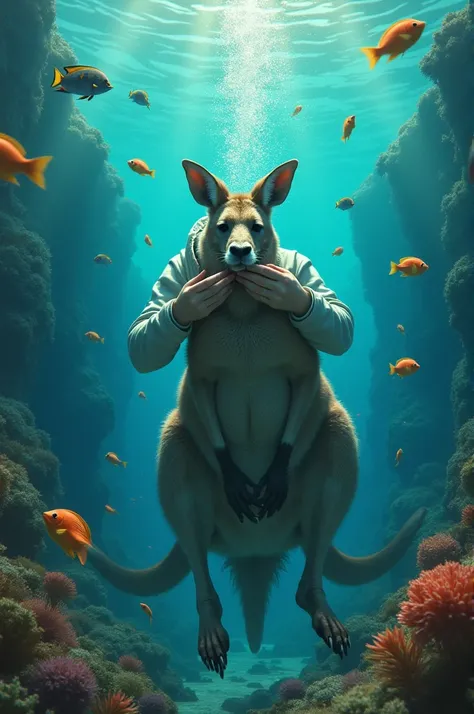 Person eating kangaroo under the sea with lots of fish around