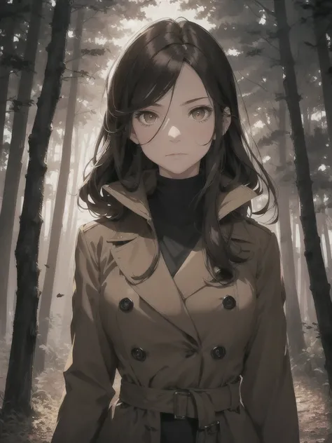 {{upper body, portrait}} {{Artist: sincos}} 1girl, mature female, dark brown hair, long hair, golden eyes, emotionless expression, brown trench coat, outdoors, night sky, forest, pov,