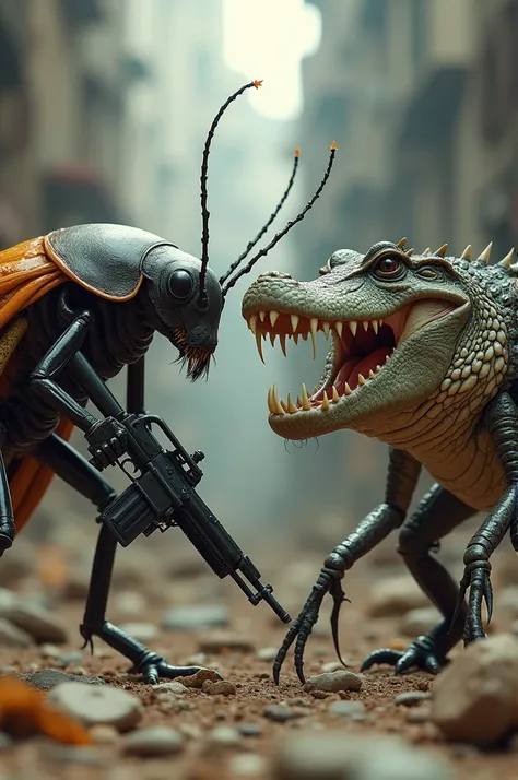 Cockroach and crocodile with weapons in hand ready for war against human 