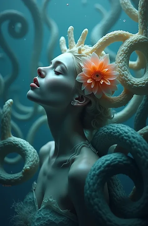 woman with a flower on her head, underwater creature, sea creature, cyberpunk jellyfish, swimming under the sea, new art style, aesethic octane render, digital art 3d render, inspired by tomasz alen kopera, greg rutkowski. octane render, complex artwork. o...