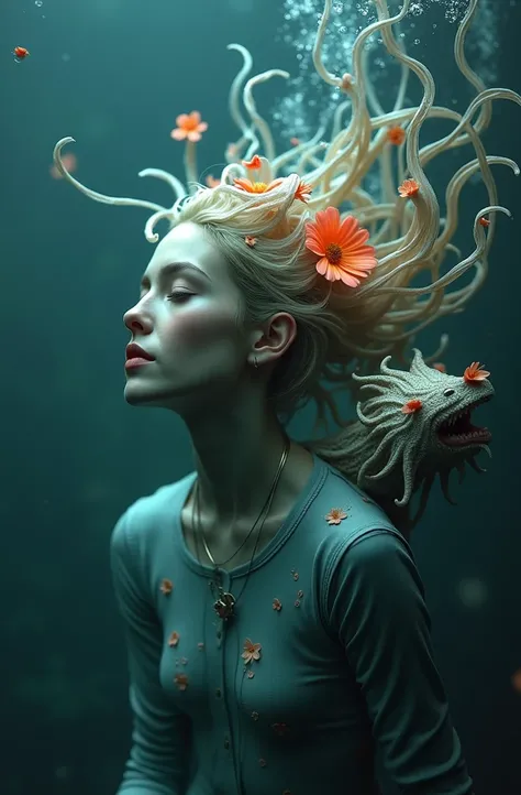 woman with a flower on her head, underwater creature, sea creature, cyberpunk jellyfish, swimming under the sea, new art style, aesethic octane render, digital art 3d render, inspired by tomasz alen kopera, greg rutkowski. octane render, complex artwork. o...