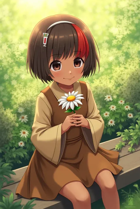 work of art, 1 boy, brand, blunt bangs, short hair , brown hair with red streak in the front, brown dress,black skin, wide sleeves, x hair ornament, school clothes with skirt, _White_get out sitting on the bench, garden, holding a flower, Looking at the vi...