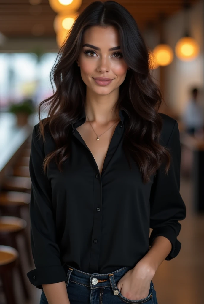 (Long shot)) Dark hair influencer with long, naturally wavy hair, Average height, she has big breasts, corpo fitness, she wears a sexy black blouse, Combines classic streetwear pieces, Like sneakers, moletons ou jeans, with high quality accessories , like ...