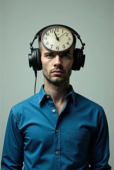 A man with a clock instead of a head in a blue shirt and headphones