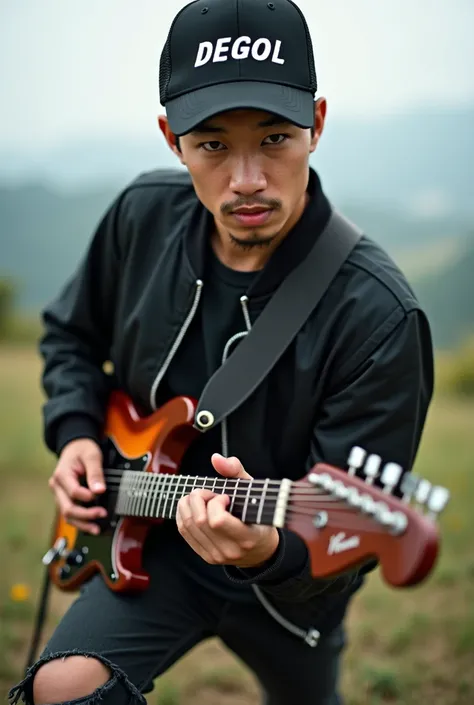 Indonesian man with clean face wearing torn jeans wearing boots wearing a black bomber jacket wearing a baseball cap that says Degol is playing elektrik guitar on a hill with his face facing forward and the image looks close up
