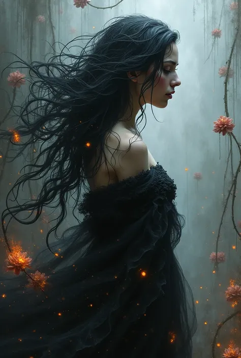 Beautiful girl made of black over smoky white layers, floating embers, surrealism, Fading, ice flowers, fire flowers, The sorceress emerged, his hidden face soaked in blood, . While sailing through the shadows, Unleash formidable skills, delving into dark ...