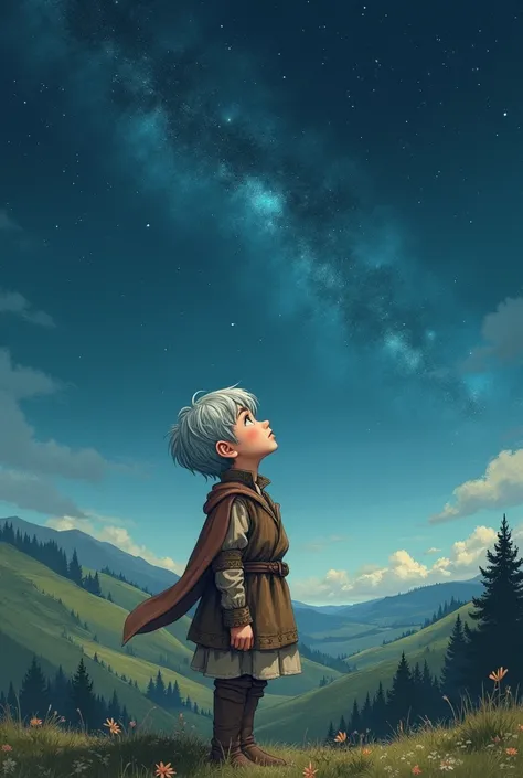 Boy Looking Up at the Starry Sky。Illustrated。The prince dressed as a villager。Hair is silver。European Middle Ages。