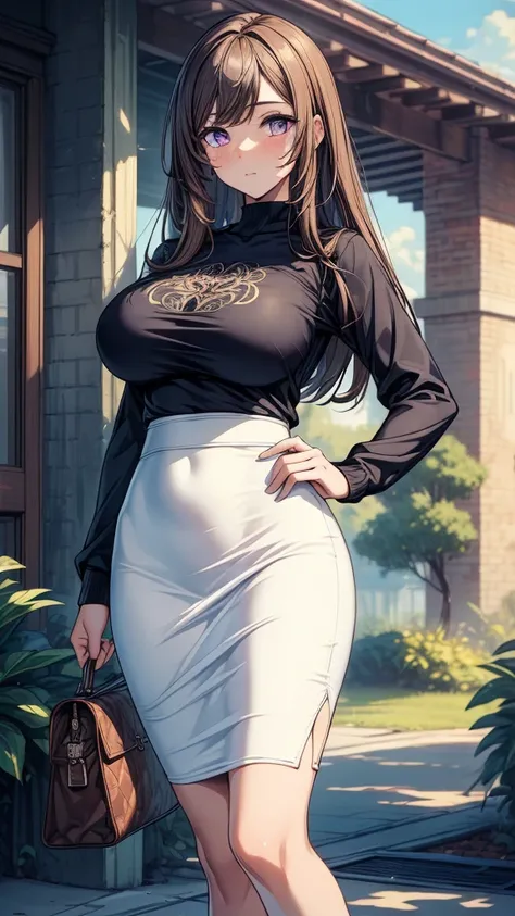 ((((masterpiece, best quality:1.8, high detail:1.5)))), beautiful woman, bright purple eyes, solo focus, (((large breasts))), long hair, ((brown hair)), hairpin, ((black t-shirt cropped long sleeves)), ((white midi pencil ((skirt)))), (((long white skirt))...