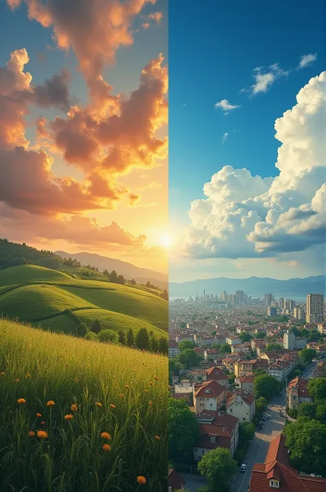 ((best quality)), ((masterpiece)), (detailed), perfect faceA split-screen image comparing a rural landscape with an urban one