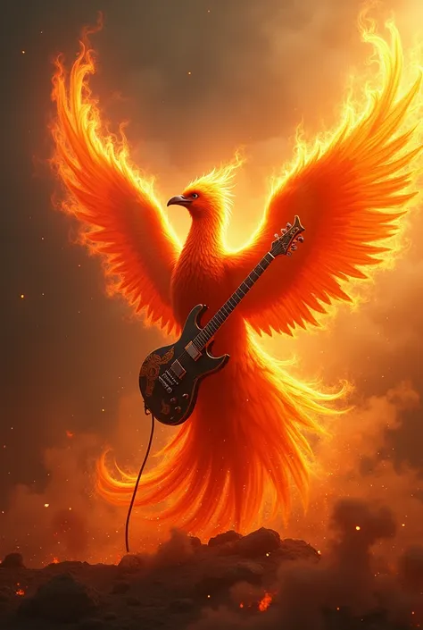 Phoenix emerging and holding a flaming guitar