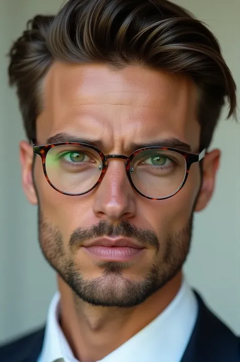 A handsome man with green eyes and transparent oval glasses