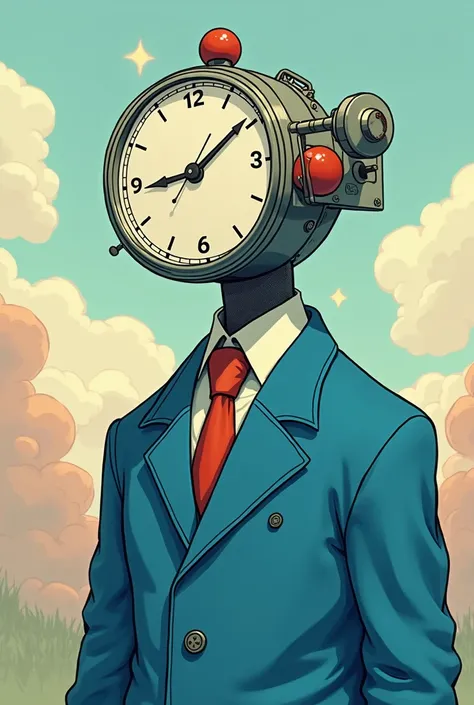 A man with a clock instead of a head and in a blue jacket ,anime,Cartoon