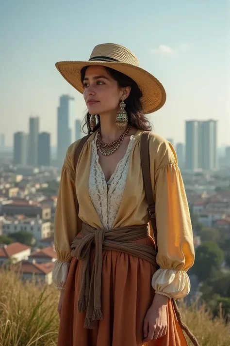 ((best quality)), ((masterpiece)), (detailed), perfect faceA picture of a person in traditional rural attire standing in front of a modern cityscape