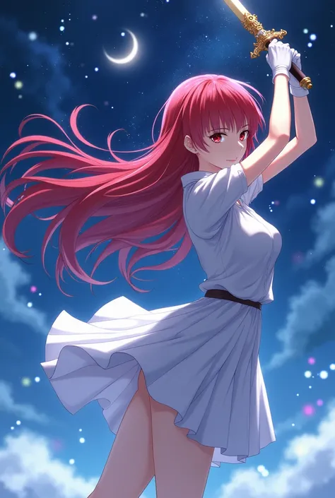 Red long hair anime girl，White Gloves，short skirt dress，Night sky，holy sword