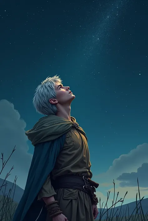 Young man looking up at the starry sky。Hair is silver。Graphic Images。The prince dressed as a villager。European Middle Ages。