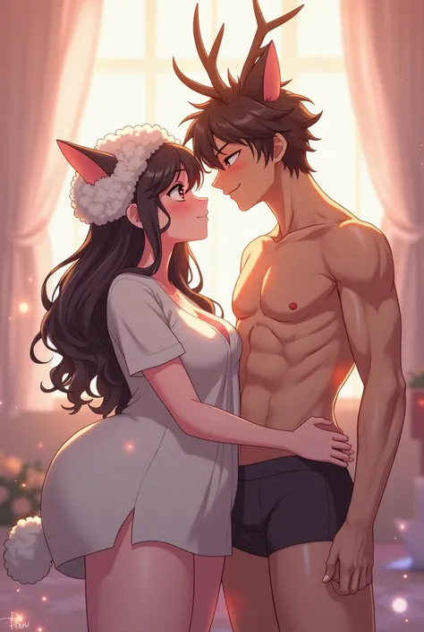 Create a drawing of a busty anime sheep girl with bangs covering her eyes with a small waist, big thighs and in a thong but in a shirt next to an anime deer boy with a human head but with horns and a tail, shirtless and in boxers with his member noticeable...