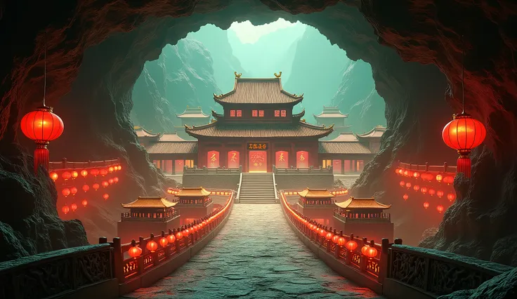 A Chinese style palace surrounded by lanterns, decorated with red and yellow lights, is located in the center of an underground cave entrance, featuring ancient architecture, temple buildings, high definition illustrations, Chinese New Year atmosphere, gam...